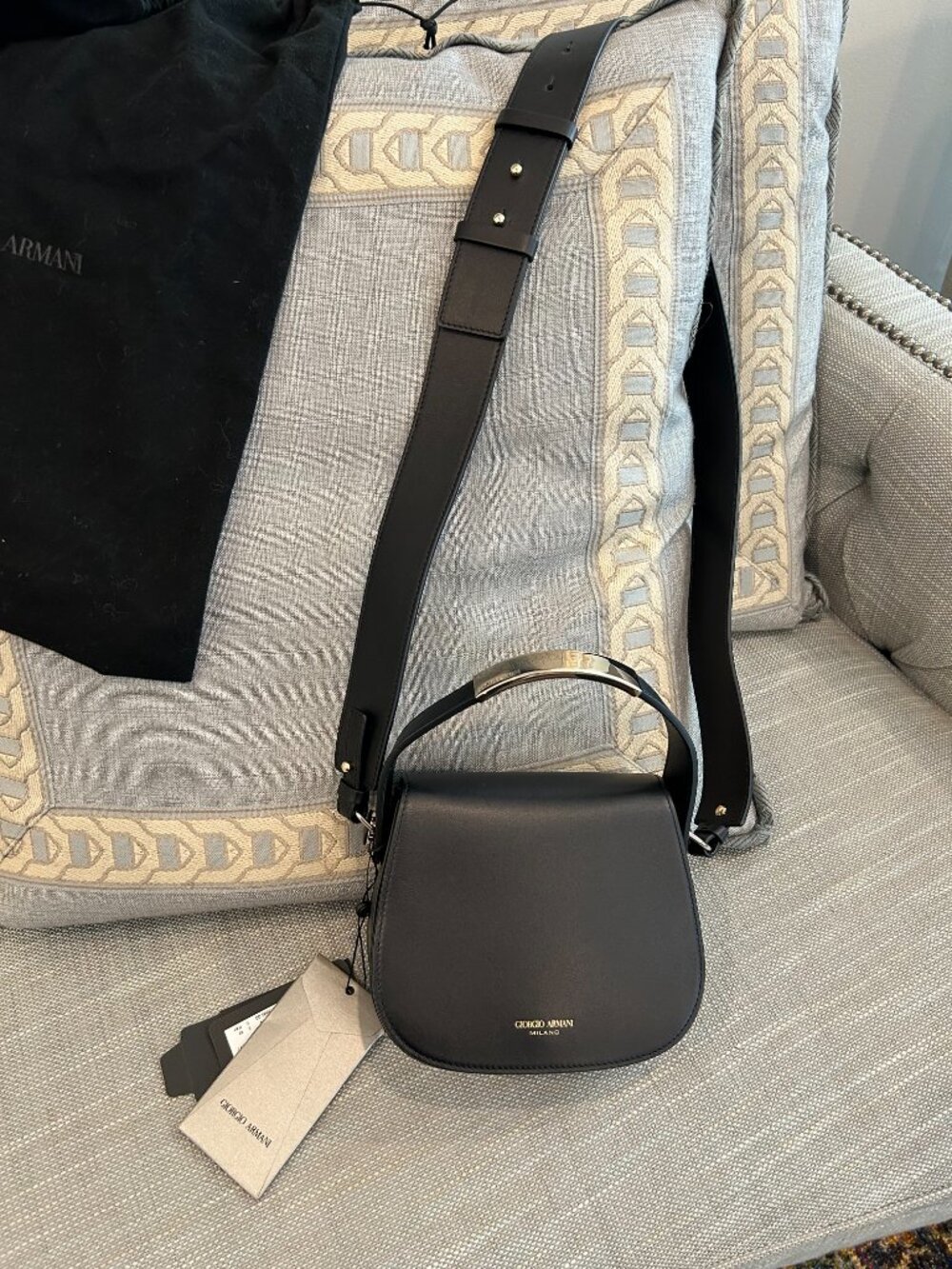 NWT AUTHENTIC GIORGIO ARMANI BLACK LEATHER SATCHEL/SHOULDER BAG GOLD HARDWARE